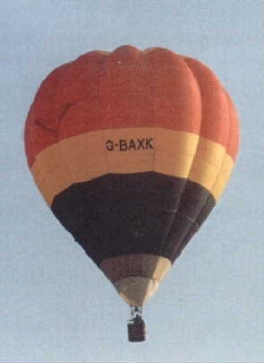 Balloon with red, white and blue horizontal panels pictured in the air