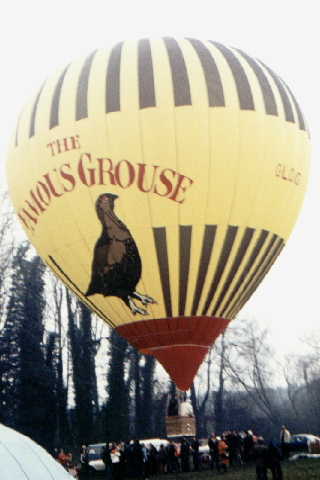 Yellow and brown vertical stripes. Yellow equator with 'Famous Grouse' artwork in red, black, white and brown. Red mouth.
