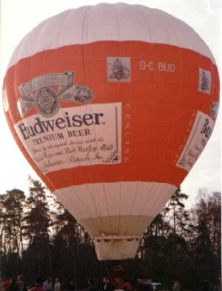 Round, white, balloon with red equator featuring the Budweiser artwork.