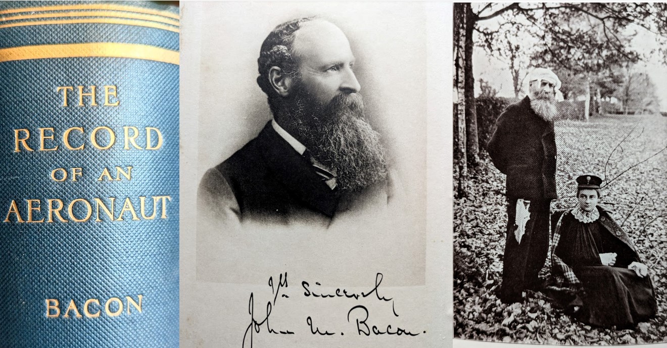 Picture of book's spine beside portrait of John Bacon beside picture of Bacon and daughter Gertrude posing with dishevelled clothing after rough landing.