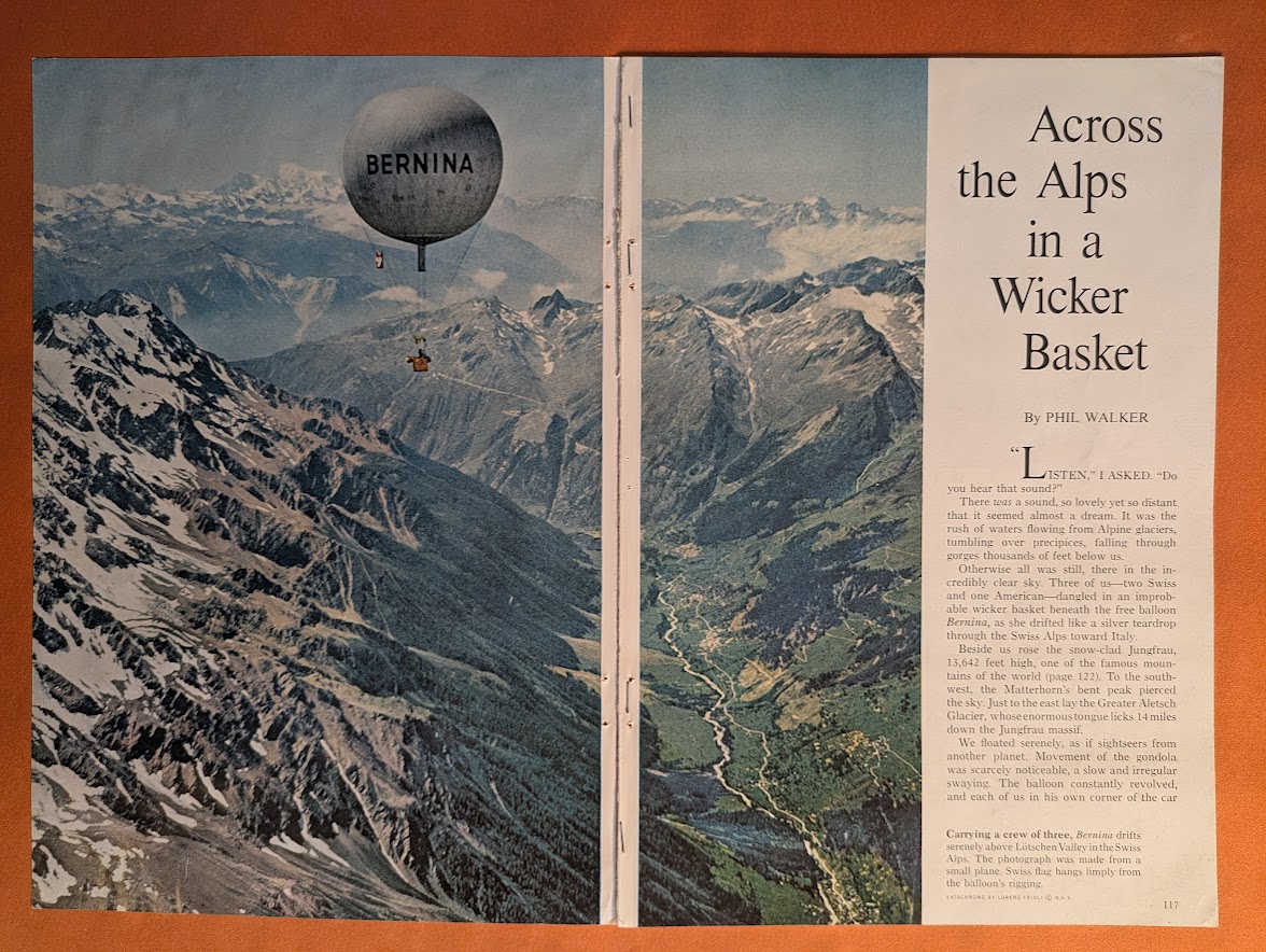 A colour picture of a magazine double page spread showing a gas balloon airborne above mountains with accompanying text