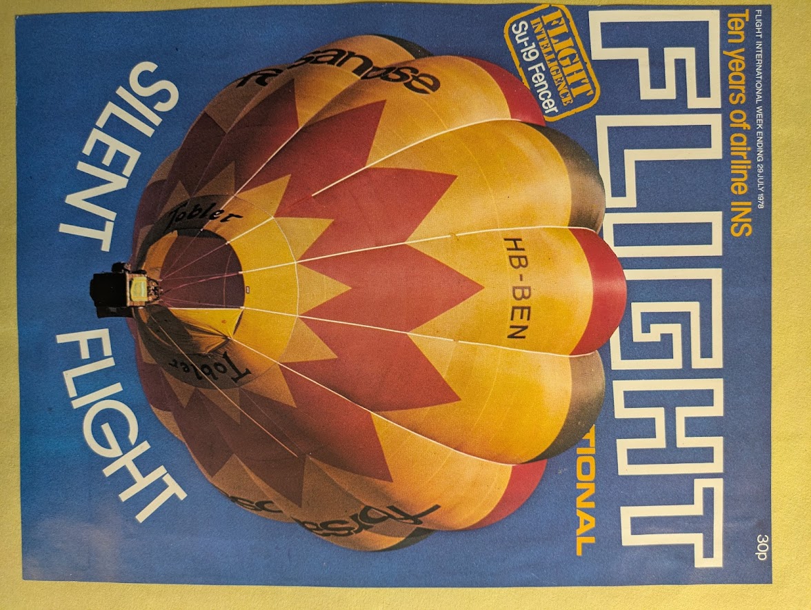 A colour picture of the front cover of Flight Magazine showing a hot air balloon airborne against a blue sky