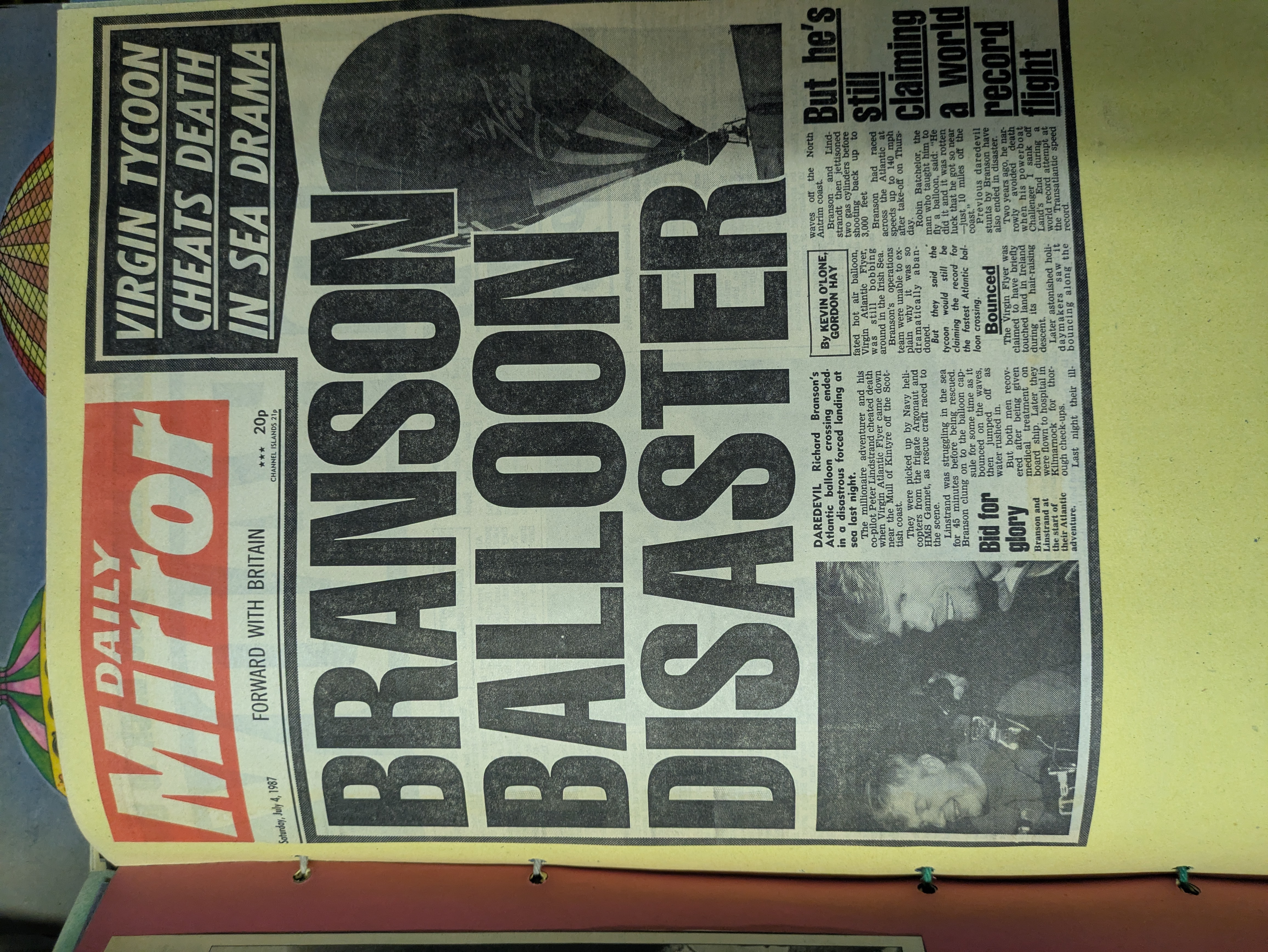 Picture of newspaper front page with headline 'Branson balloon disaster' and images of balloon and pilots