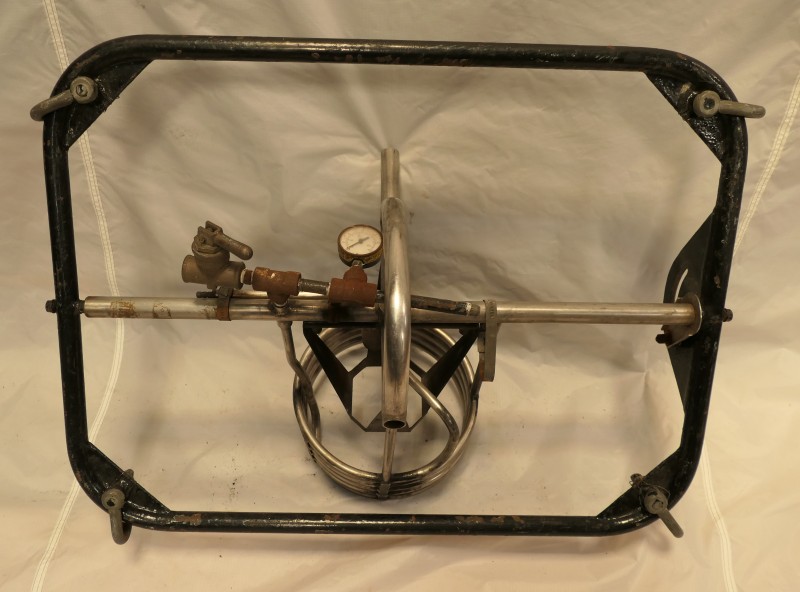 Pilot's view from underneath the burner, showing the gas pressure gauge, gas control lever and the degree of gimbal possible.