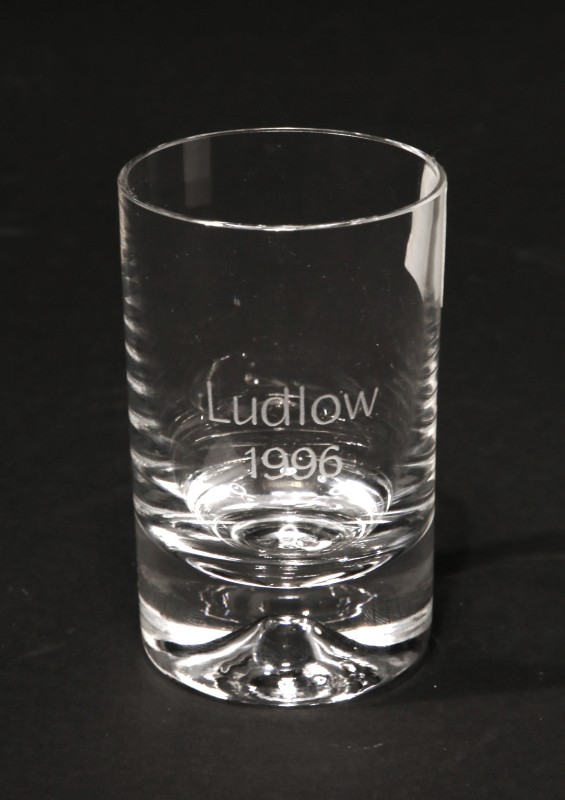 Plain shot glass with Ludlow 1996 engraved on it.